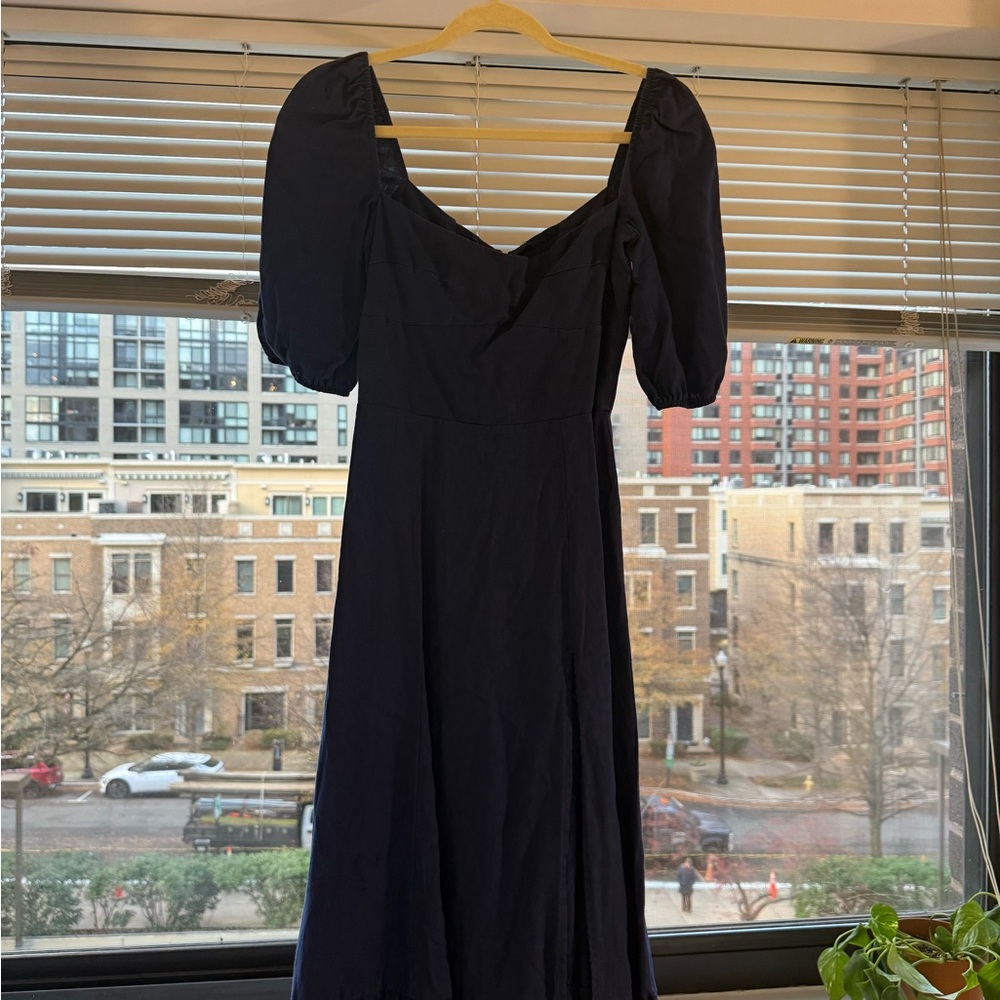 Reformation Belgium Linen Navy Blue Puff Sleeve Dress - Picture 4 of 4
